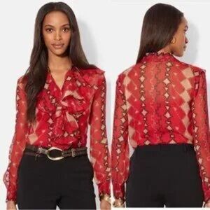 Lauren Ralph Lauren Red Aztec Southwestern Ruffle Button Up Sheer Blouse Size M